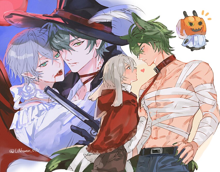 1other, 2boys, abs, animal_ear_fluff, animal_ears, antique_firearm, bandaged_arm, bandaged_torso, bandages, bangboo_(zenless_zone_zero), bare_shoulders, belt, black_hat, blood, blood_on_face, blood_on_neck, blue_pants, blush, brown_pants, choker, cloak, closed_mouth, collarbone, commentary_request, fangs, firearm, firelock, flintlock, from_side, green_eyes, green_hair, green_nails, green_tail, grey_hair, gun, hair_between_eyes, hair_over_one_eye, hand_on_own_hip, hat, hat_feather, heart, highres, holding, holding_gun, holding_leash, holding_weapon, hood, hooded_cloak, large_hat, leash, lighter_(zenless_zone_zero), looking_at_another, looking_at_viewer, multiple_boys, muscular, muscular_male, navel, notice_lines, open_mouth, pants, pectorals, poet_shirt, pumpkin_on_head, rabbit_ears, rabbit_tail, red_cloak, red_pupils, ribbon_choker, scar, scar_on_shoulder, shirt, stomach, tail, tongue, twitter_username, unowen_0111, vampire, weapon, white_shirt, wise_(zenless_zone_zero), yaoi, zenless_zone_zero