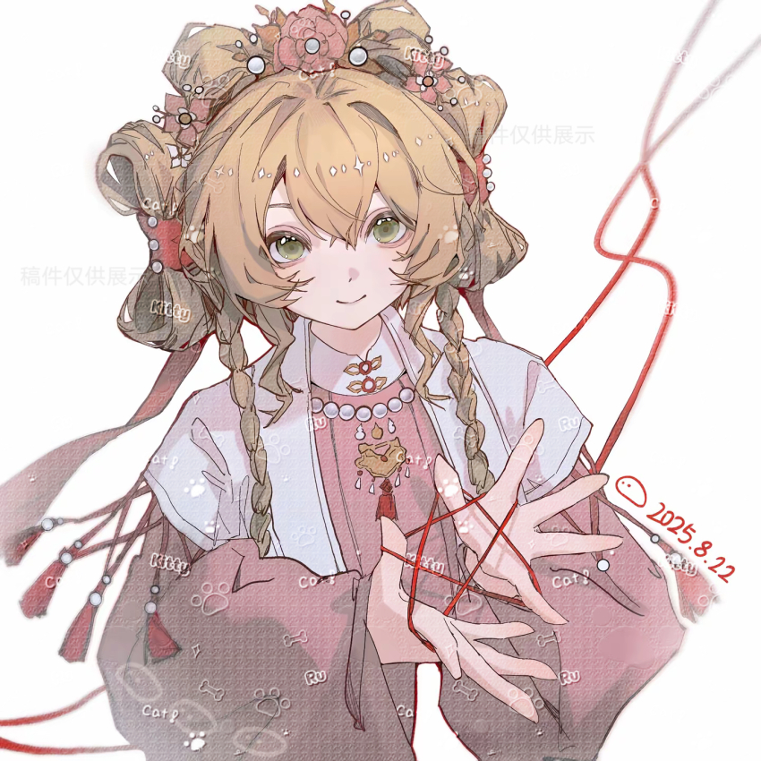 1girl, blonde_hair, bow-shaped_hair, braid, cat's_cradle, chinese_clothes, closed_mouth, commission