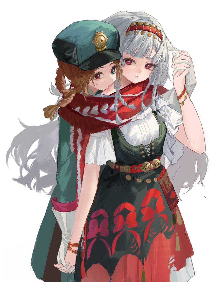 2girls, absurdres, aima_(reverse:1999), behind_another, biting, black_corset, blood_sucking, blue_eyes