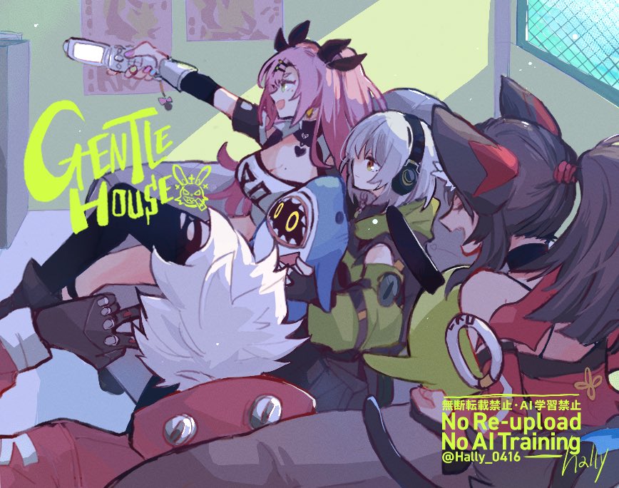 1boy, 2others, 3girls, amillion_(zenless_zone_zero), anby_demara, animal_ear_fluff, animal_ears, bangboo_(zenless_zone_zero)