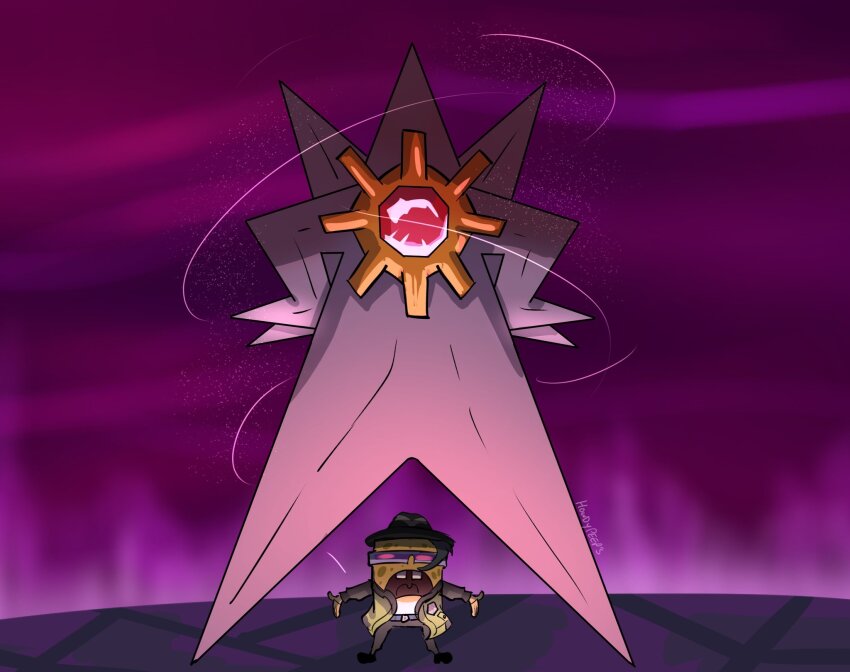 1boy, alien, artist_name, black_hat, black_pants, buck_teeth, colored_skin, commentary