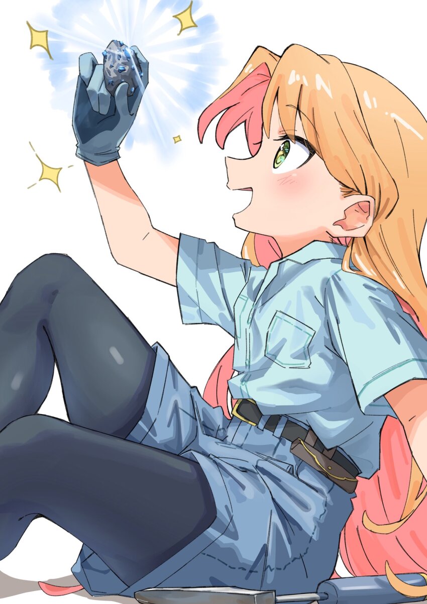 +_+, 1girl, :d, belt, black_belt, black_pantyhose, blue_gem, blue_shirt