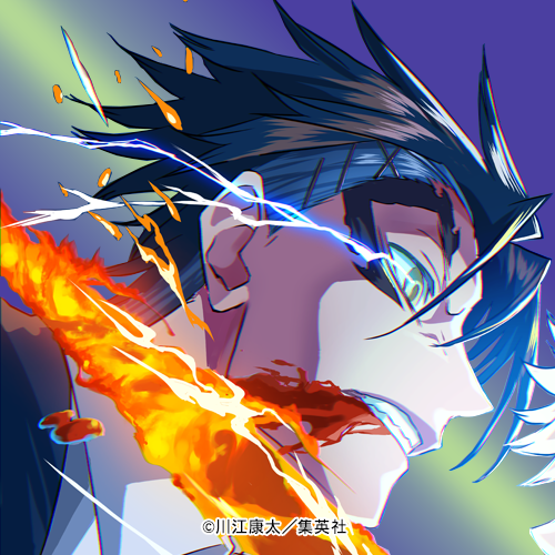 1boy, birthmark, black_hair, blood, clenched_teeth, from_side, hair_ornament, hair_slicked_back, hairclip, kawae_kouta, lowres, nue_no_onmyouji, official_art, profile_picture, rido_yamato, spiked_hair, teeth, yellow_eyes