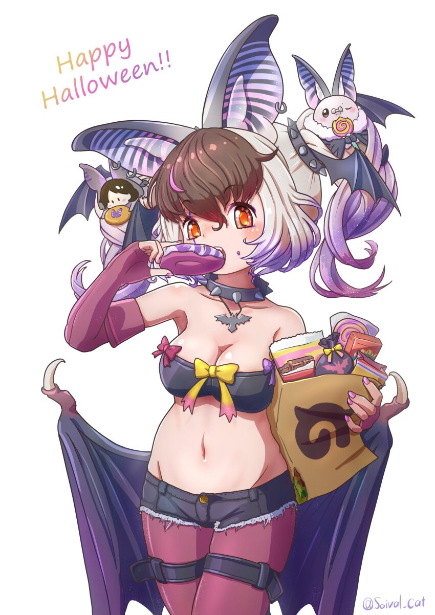 1girl, absurdres, animal_ears, bare_shoulders, bat_(animal), bat_ears, bat_girl, bat_wings, belt, breasts, brown_eyes, brown_hair, brown_long-eared_bat_(kemono_friends), choker, cleavage, earrings, elbow_gloves, extra_ears, fingerless_gloves, glasses, gloves, grey_hair, halloween, halloween_costume, happy_halloween, highres, japari_symbol, jewelry, kemono_friends, kemono_friends_v_project, large_breasts, looking_at_viewer, multicolored_hair, navel, pantyhose, poporu_(kemono_friends), ribbon, saival_cat, shorts, simple_background, strapless, streaked_hair, sweat, tube_top, twintails, virtual_youtuber, wings