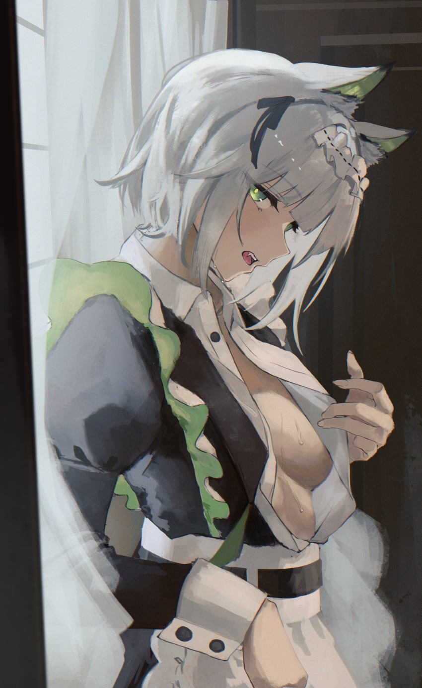 1girl, absurdres, animal_ear_fluff, animal_ears, apron, arknights, belt, black_belt