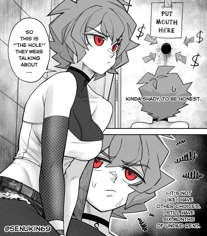 1girl, absurdres, armpit_crease, arrow_(symbol), artist_name, bare_shoulders, between_legs, closed_mouth