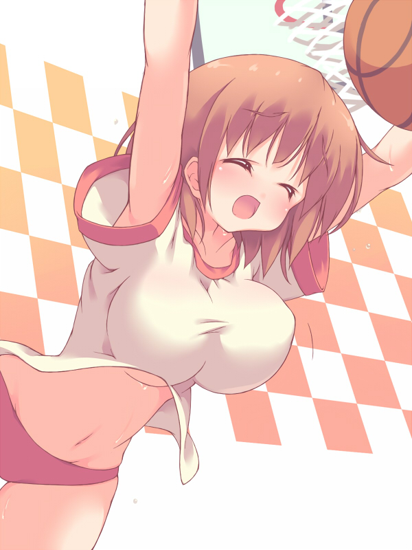 10s, 1girl, arms_up, ball, basketball, basketball_(object), breasts, brown_hair, buruma, closed_eyes, female_focus, gym_uniform, kashii_airi, large_breasts, midriff, navel, open_mouth, rou-kyuu-bu!, shirt, short_hair, solo, taut_clothes, taut_shirt, underboob, wet, yu-twilight