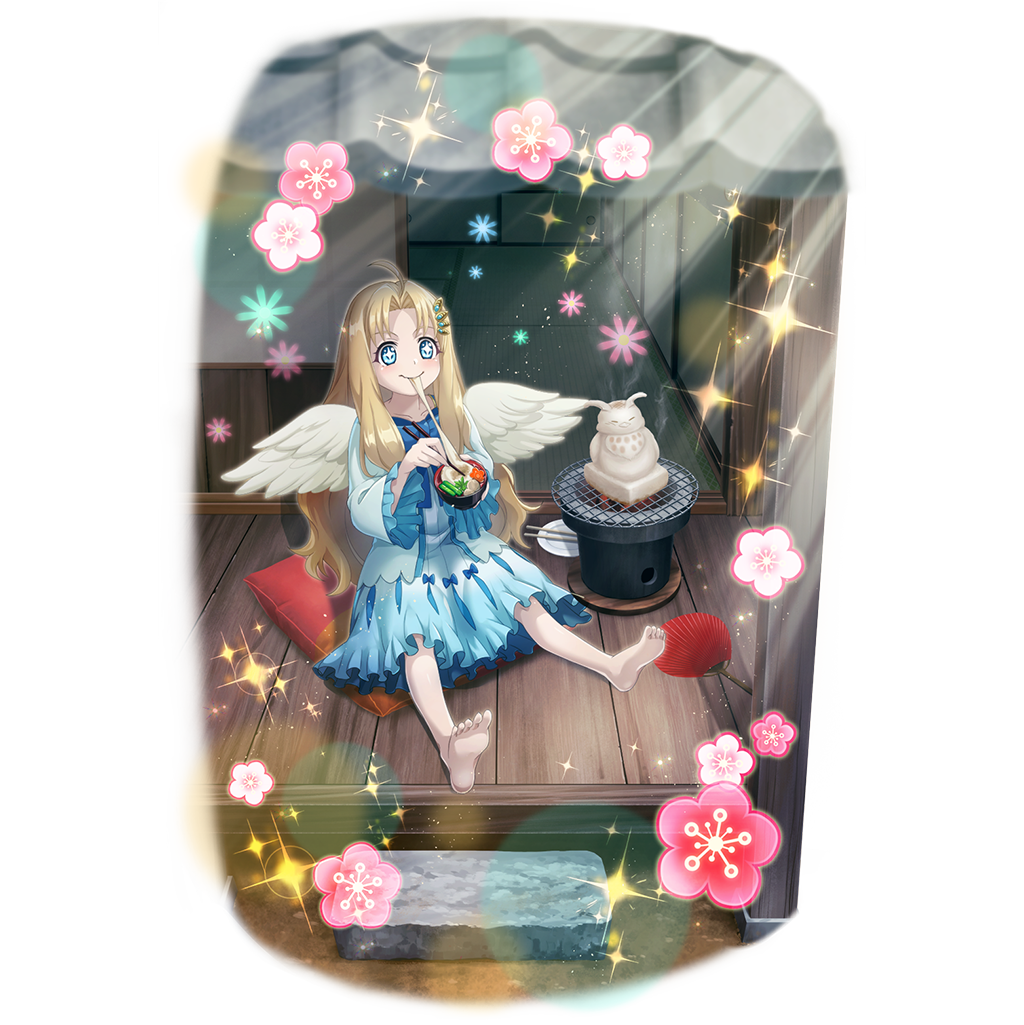 1girl, ahoge, artist_request, barefoot, bird_girl, bird_wings, blonde_hair, blue_dress