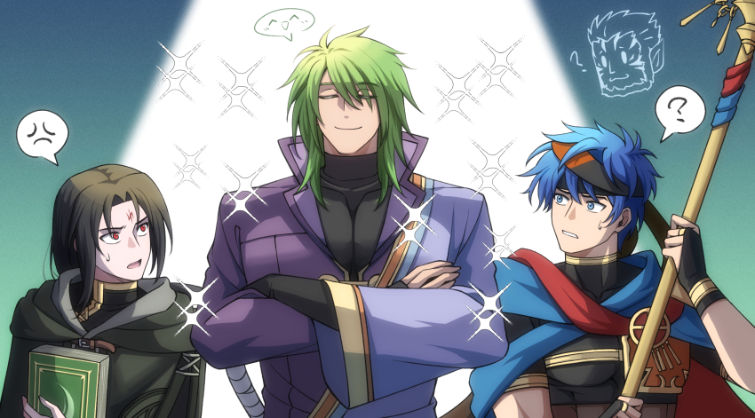 3boys, ?, anger_vein, black_hair, blue_eyes, blue_hair, book, bridal_gauntlets