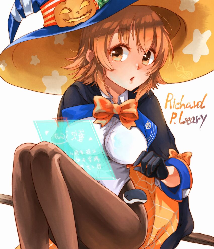 1girl, black_cape, black_gloves, black_pantyhose, blue_hat, bow, breasts, broom