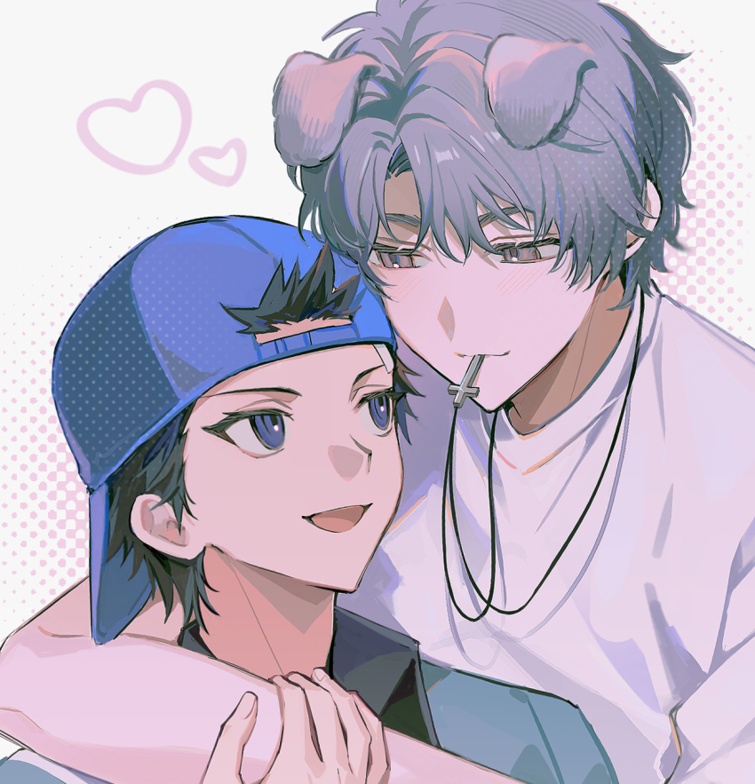 2boys, 4k10r1, animal_ears, arm_around_neck, backwards_hat, baseball_cap, black_hair, blue_eyes