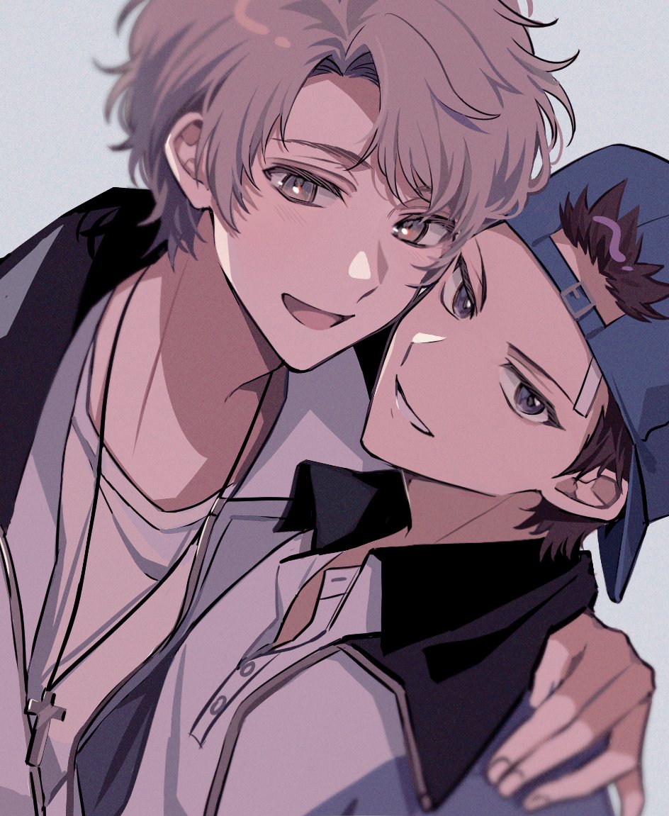 2boys, 4k10r1, backwards_hat, baseball_cap, black_hair, blue_eyes, blue_hat, blush