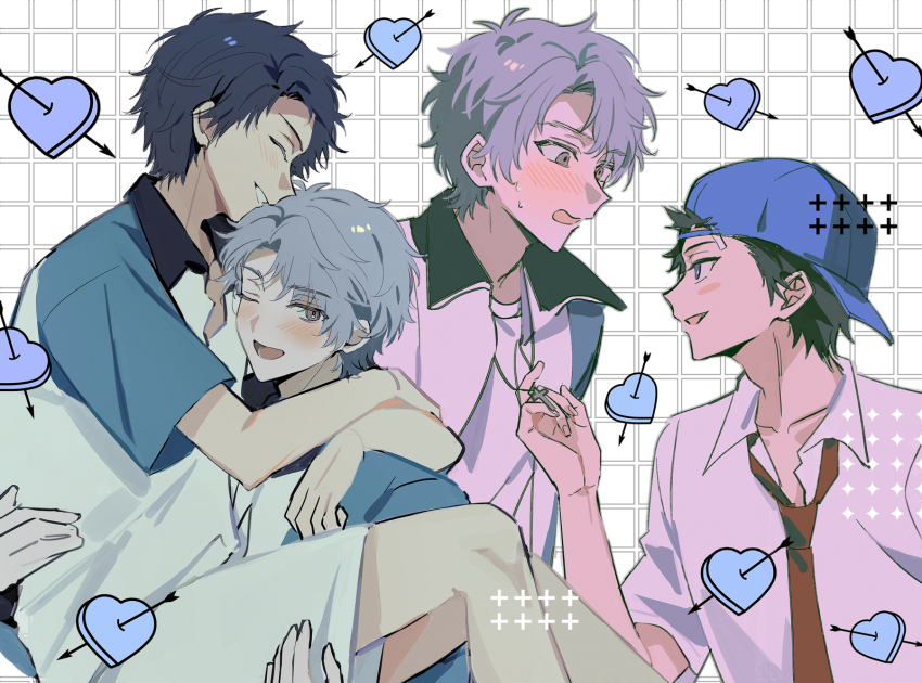 2boys, 4k10r1, arms_around_neck, arrow_through_heart, backwards_hat, baseball_cap, black_hair, blue_eyes