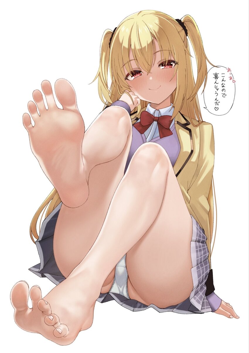 1girl, arihara_nanami, bare_legs, barefoot, blonde_hair, blush, bow, bowtie