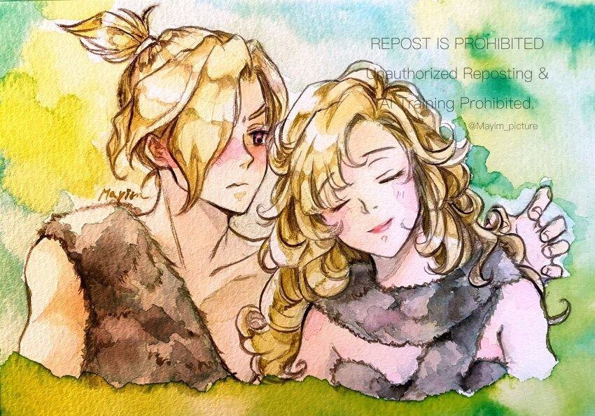 1boy, 1girl, arm_around_shoulder, ayla_(chrono_trigger), bare_shoulders, blonde_hair, caveman, cavewoman