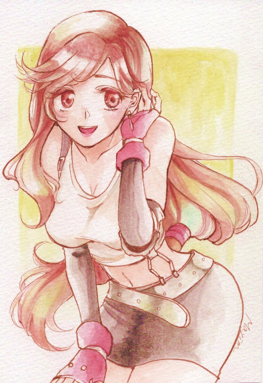 1girl, artist_name, bare_shoulders, belt, black_gloves, black_skirt, border, breasts