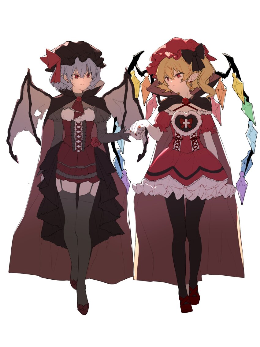 2girls, ascot, bat_wings, black_hat, black_pantyhose, black_thighhighs, blonde_hair, blue_hair