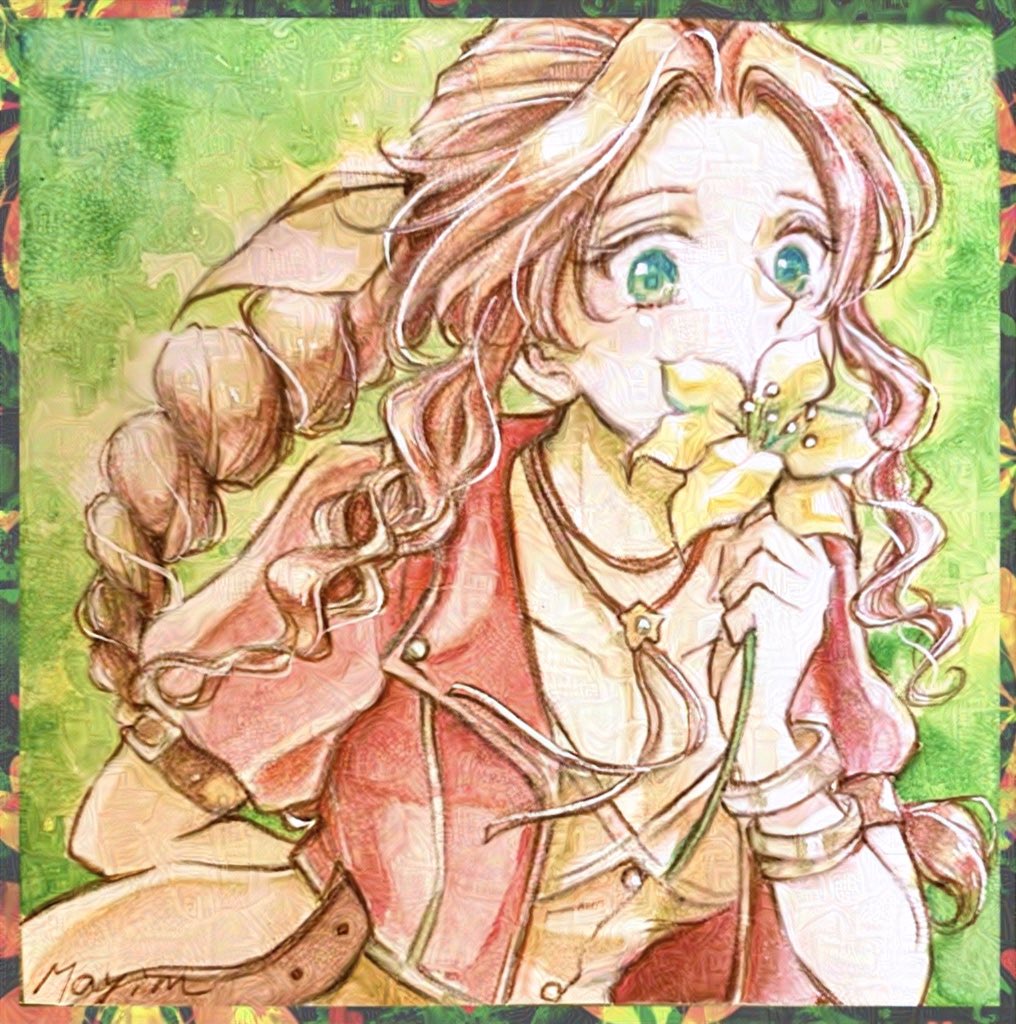 1girl, aerith_gainsborough, arm_behind_back, artist_name, bangle, bracelet, braid, braided_ponytail, breasts, brown_hair, buttons, choker, cropped_jacket, dress, final_fantasy, final_fantasy_vii, final_fantasy_vii_remake, flower, flower_choker, green_background, green_eyes, hair_ribbon, holding, holding_flower, jacket, jewelry, lily_(flower), mayim, medium_breasts, parted_bangs, pink_dress, pink_ribbon, red_jacket, ribbon, sidelocks, single_braid, solo, traditional_media, upper_body, yellow_flower