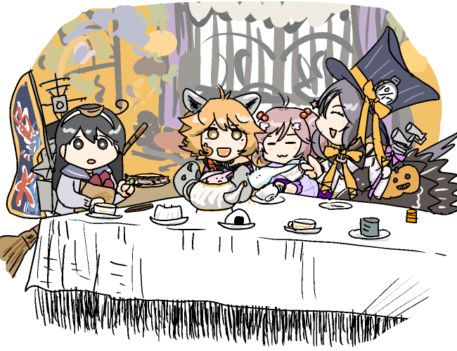 4girls, :3, ahoge, akebono_(kancolle), akebono_kai_ni_(kancolle), animal_ears, braid, broom