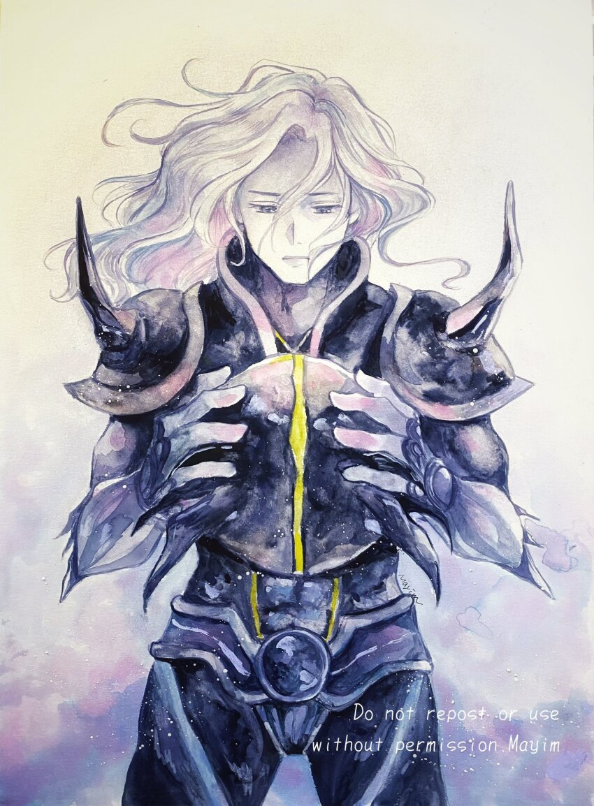 1boy, armor, black_armor, cecil_harvey, cowboy_shot, dark_knight_(final_fantasy), fake_horns, final_fantasy