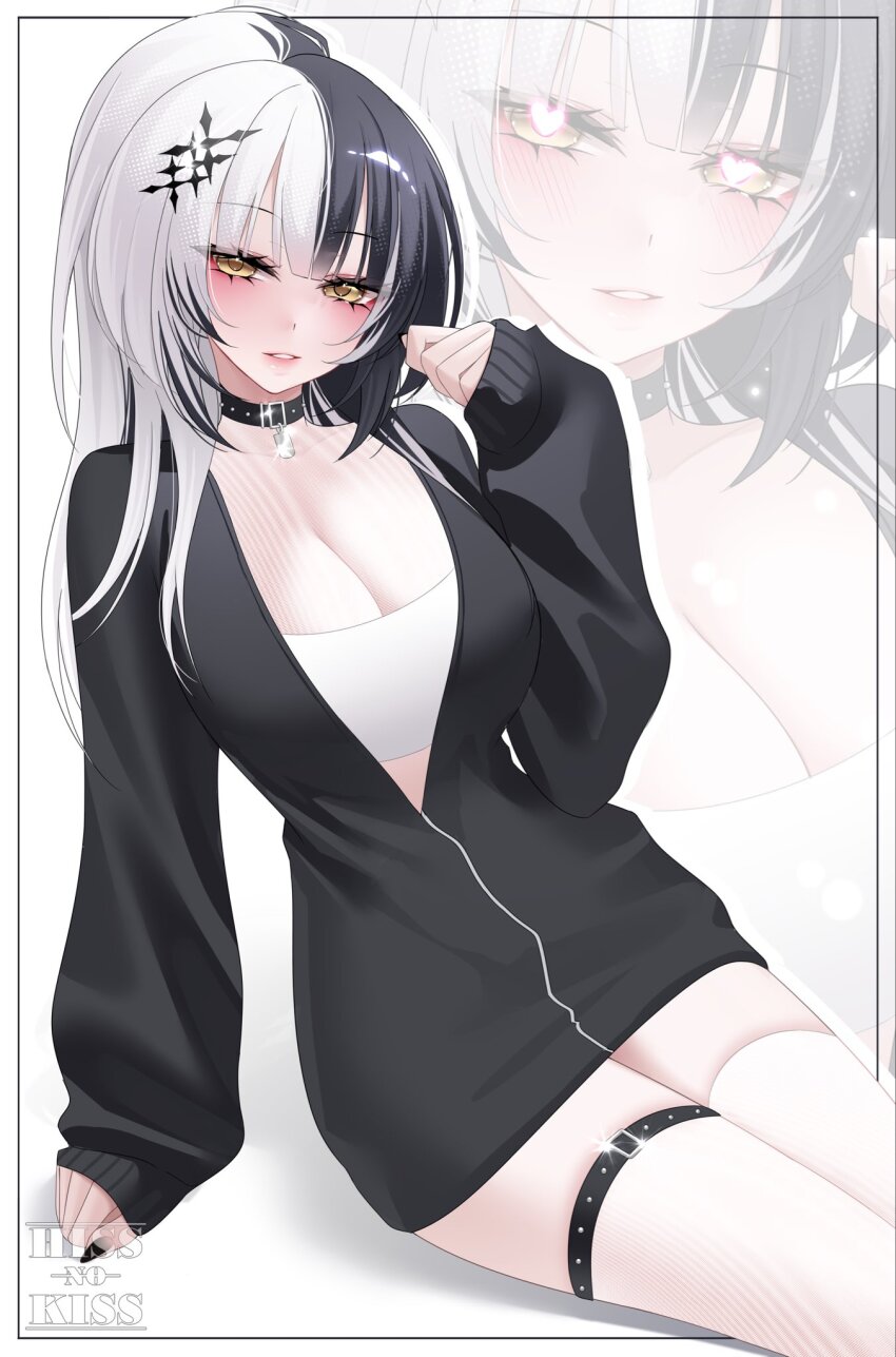 1girl, alternate_costume, artist_name, black_choker, black_hair, black_jacket, black_nails, breasts