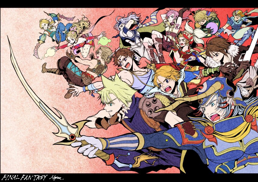 2girls, 6+girls, armor, armored_boots, bartz_klauser, black_gloves, black_jacket, black_overalls, blonde_hair, blue_archive, blue_eyes, blue_headband, blue_pants, blue_shirt, boots, breasts, brown_boots, brown_gloves, brown_hair, cape, cecil_harvey, cloud_strife, collared_shirt, copyright_name, cropped_vest, dagger, dissidia_final_fantasy, dress, dual_wielding, elbow_gloves, fake_horns, fighting_stance, final_fantasy, final_fantasy_i, final_fantasy_ii, final_fantasy_iii, final_fantasy_iv, final_fantasy_ix, final_fantasy_v, final_fantasy_vi, final_fantasy_vii, final_fantasy_viii, final_fantasy_x, final_fantasy_xi, final_fantasy_xii, final_fantasy_xiii, fingerless_gloves, firion, full_body, fur-trimmed_jacket, fur_trim, furrowed_brow, gloves, green_vest, grey_hair, gunblade, hair_between_eyes, hair_over_shoulder, headband, headscarf, helmet, highres, holding, holding_dagger, holding_knife, holding_sword, holding_weapon, horned_helmet, horns, jacket, knife, lightning_farron, long_hair, low_ponytail, mayim, medium_breasts, midriff, multiple_girls, onion_knight, overalls, panties, pants, parted_bangs, pauldrons, pink_hair, plume, pointy_ears, ponytail, print_panties, red_armor, red_background, red_dress, red_helmet, red_sleeves, sash, scar, scar_on_face, scar_on_forehead, shantotto, shirt, short_hair, shoulder_armor, single_elbow_glove, single_pauldron, single_sidelock, sleeveless, sleeveless_turtleneck, spiked_hair, squall_leonhart, suspenders, sword, tarutaru, tidus, tina_branford, turtleneck, underwear, upper_body, vaan_(ff12), vest, waist_sash, warrior_of_light_(ff1), wavy_hair, weapon, white_shirt, yellow_cape, zidane_tribal