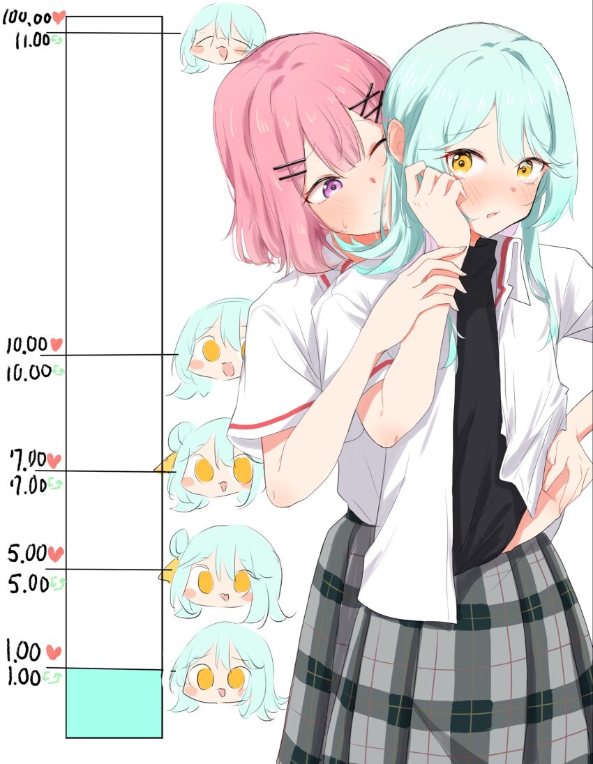 2girls, amaori_renako, black_shirt, blue_hair, blush, blush_stickers, clothes_lift, commentary_request