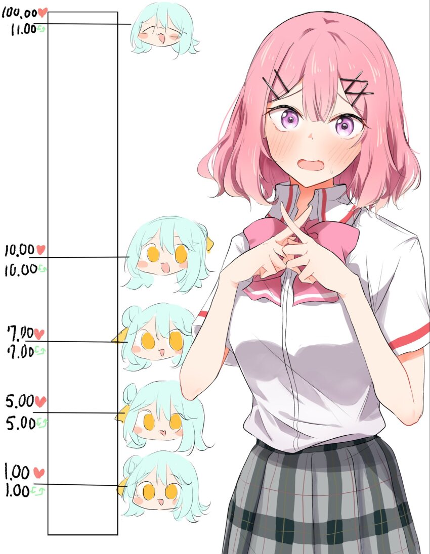 2girls, amaori_renako, blue_hair, blush_stickers, bow, bowtie, collared_shirt, commentary_request