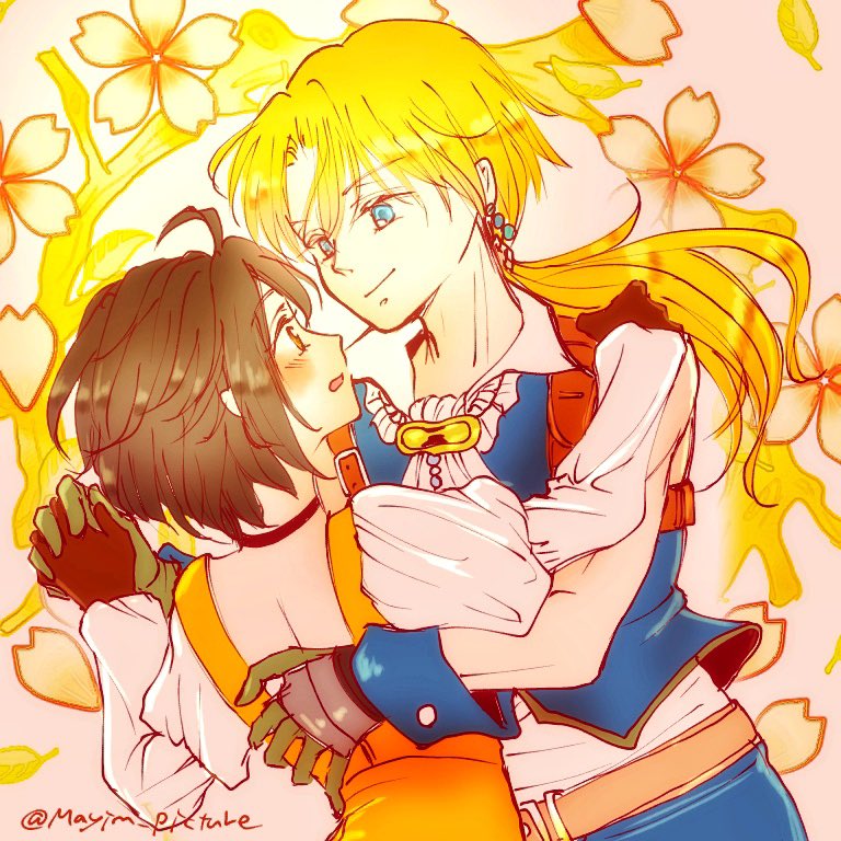 1boy, 1girl, ahoge, arm_around_another's_back, ascot, black_choker, blonde_hair, blue_eyes