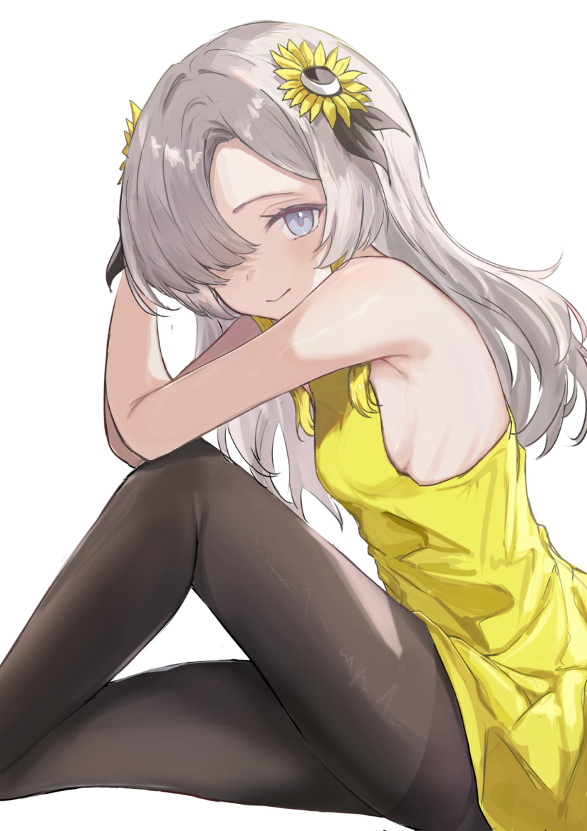 1girl, black_pantyhose, blonde_hair, blue_eyes, breasts, dress, flower, grey_hair, hair_flower, hair_ornament, hair_over_one_eye, highres, huyuhnyuken, isekaijoucho, kamitsubaki_studio, long_hair, looking_at_viewer, multicolored_hair, pantyhose, sitting, small_breasts, smile, solo, two-tone_hair