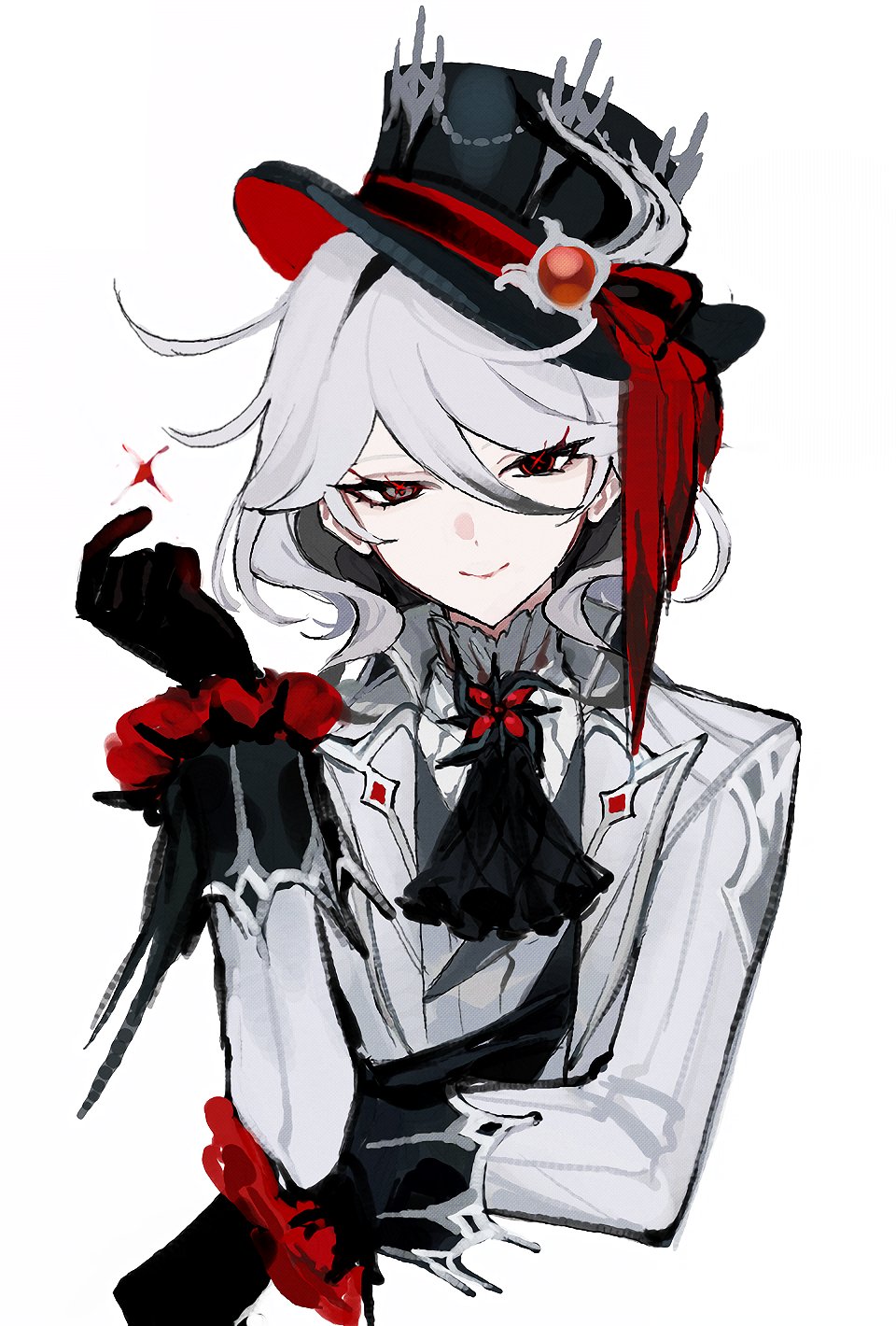 1girl, arlecchino_(genshin_impact), arlecchino_(genshin_impact)_(cosplay), ascot, black_eyes, cosplay, cowlick, furina_(genshin_impact)