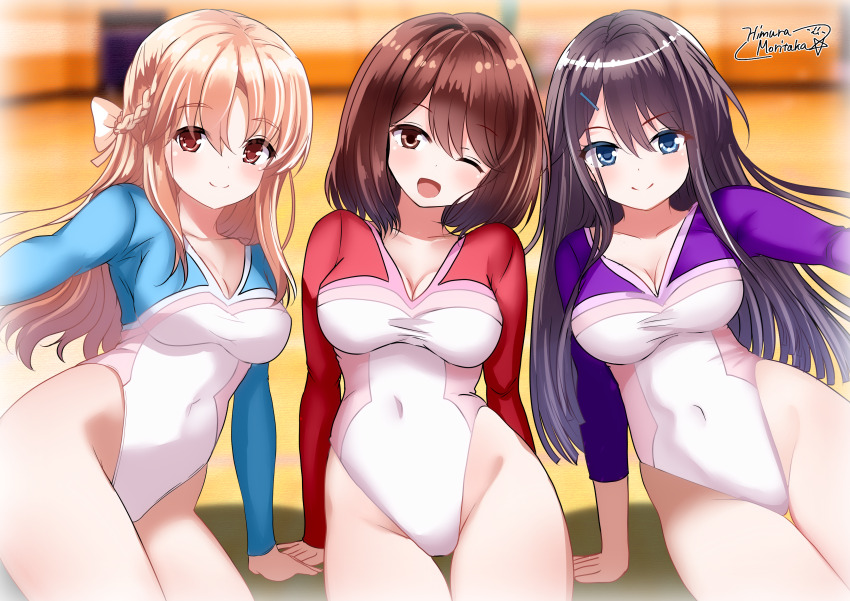 absurdres, athletic_leotard, black_hair, blonde_hair, blue_eyes, braid, brown_eyes, brown_hair