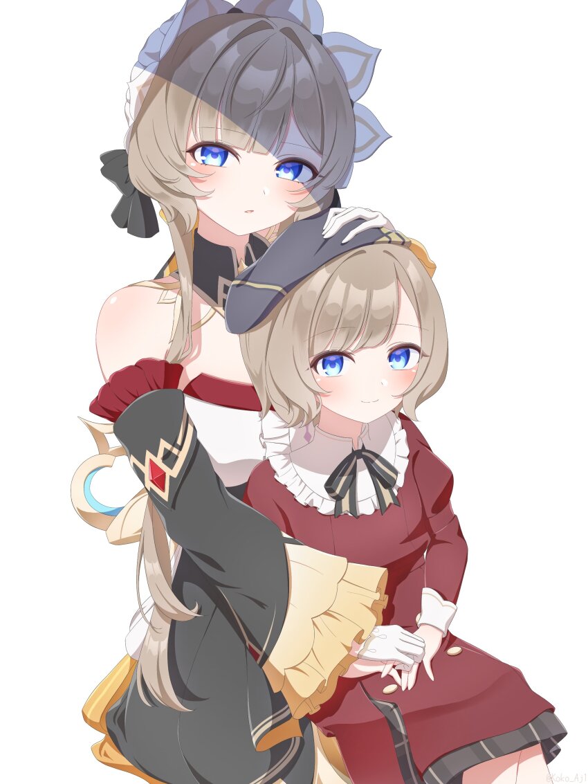 2girls, absurdres, bare_shoulders, black_hat, black_ribbon, black_sleeves, blue_eyes, blunt_bangs