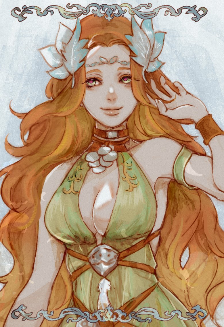 1girl, bare_shoulders, breasts, brown_hair, circlet, cleavage, closed_mouth, dress