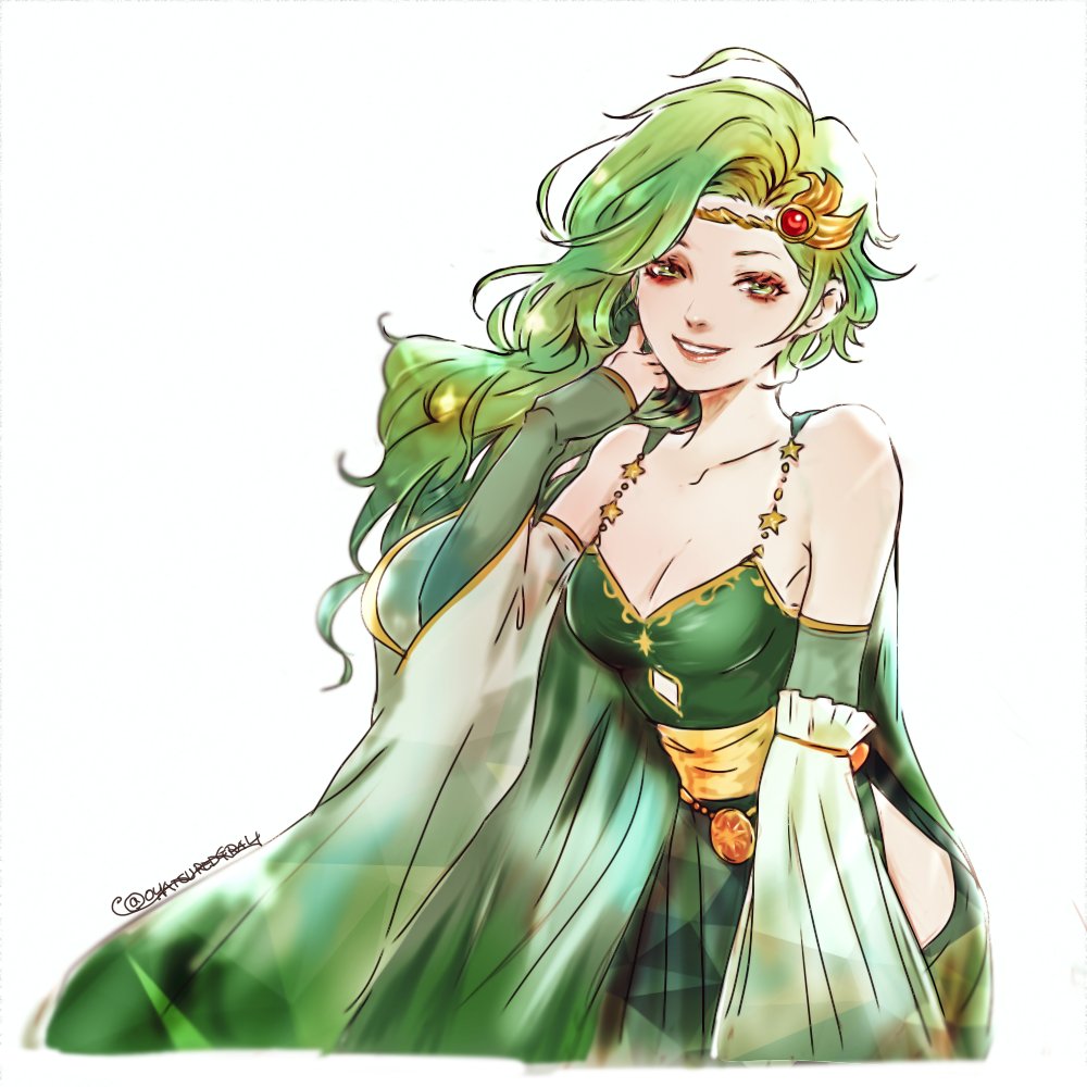 1girl, bare_shoulders, breasts, circlet, cleavage, cowboy_shot, detached_sleeves, dress