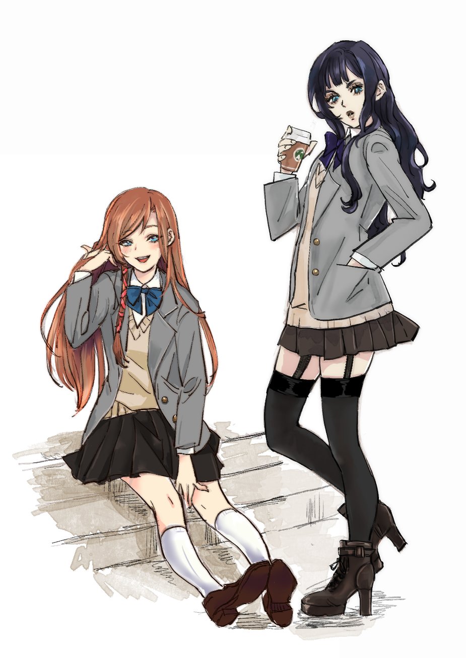 2girls, alternate_costume, black_boots, black_bow, black_bowtie, black_hair, black_skirt, black_thighhighs