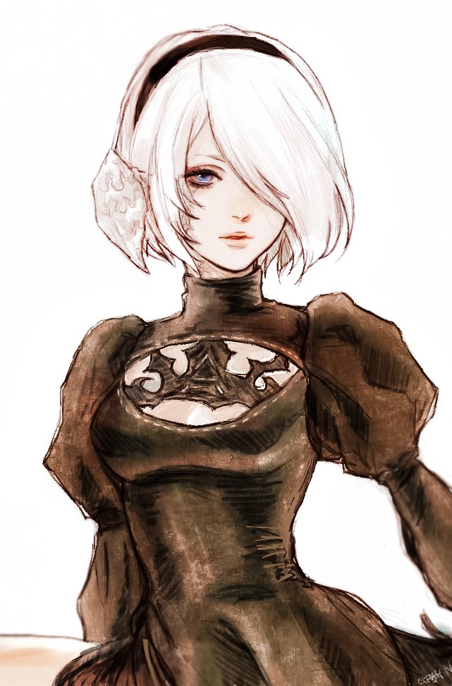 1girl, 2b_(nier:automata), au_ra, black_dress, black_hairband, blue_eyes, breasts, cleavage