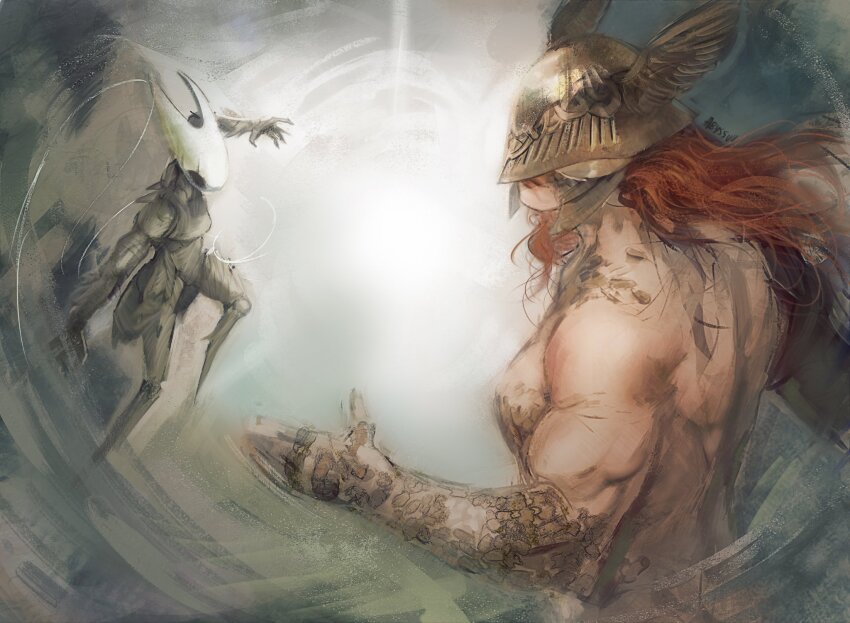 2girls, abyssmalenia, arthropod_girl, elden_ring, helmet, highres, hollow_knight, hollow_knight:_silksong, hornet_(hollow_knight), imminent_hand_holding, long_hair, malenia_blade_of_miquella, multiple_girls, muscular, muscular_female, red_hair, winged_helmet