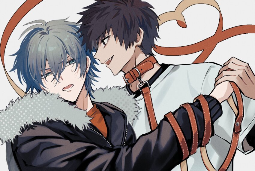 2boys, 4k10r1, ahoge, akira_(togainu_no_chi), black_jacket, brown_eyes, brown_hair, fur-trimmed_jacket