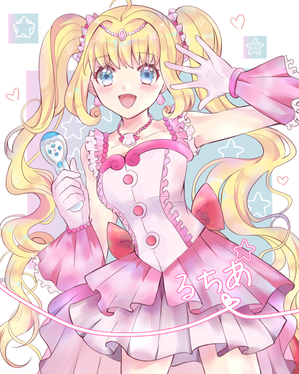 1girl, ahoge, blonde_hair, blue_eyes, blush, breasts, dress, gloves