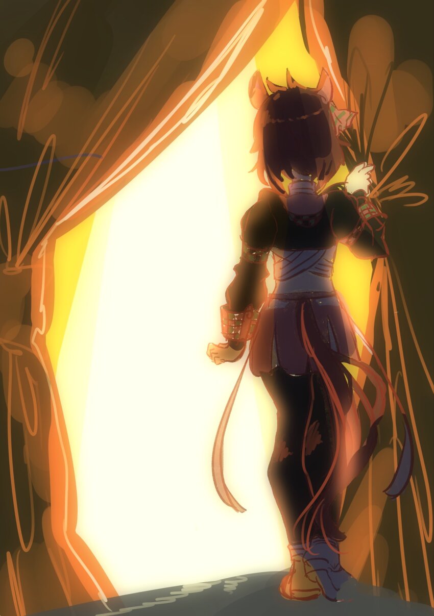 1girl, ahoge, animal_ears, belt, black_leggings, bow, breasts, brown_hair, checkered_ribbon, curtains, dantsu_flame_(center_spotlight)_(umamusume), dantsu_flame_(umamusume), disney_o626, ear_covers, ear_ornament, ear_ribbon, from_behind, highres, horse_ears, horse_girl, horse_tail, large_breasts, leggings, leggings_under_shorts, pink_shorts, shirt, shorts, solo, tail, tied_shirt, umamusume, white_belt