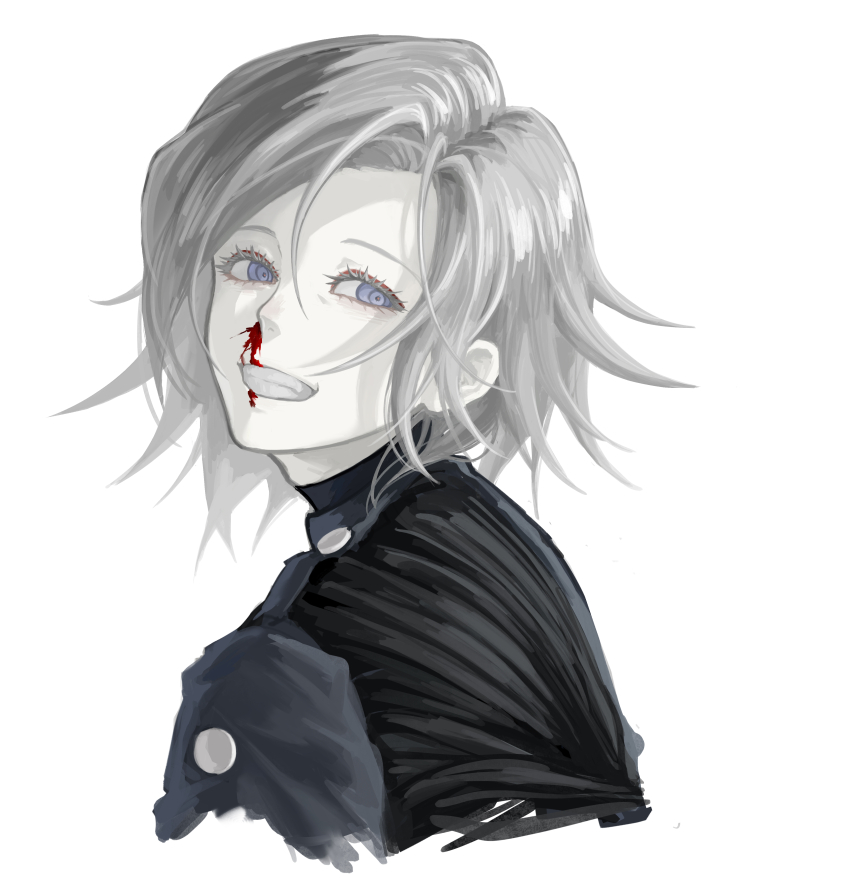 1boy, absurdres, aestro_111, aotsuki_eito, blood, commentary_request, cropped_shoulders, eyelashes, eyeliner, from_behind, grey_hair, grin, highres, last_defense_academy_school_uniform, looking_at_viewer, looking_back, makeup, male_focus, no_eyewear, nosebleed, purple_eyes, red_eyeliner, school_uniform, short_hair, smile, solo, the_hundred_line_-last_defense_academy-