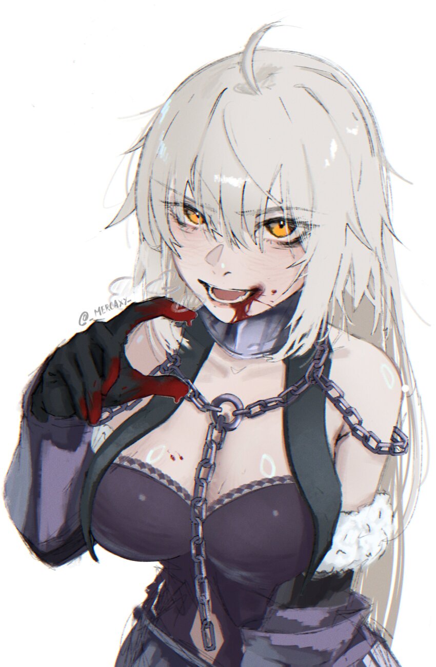 1girl, absurdres, ahoge, black_gloves, blood, breasts, chain, chain_harness, collarbone, fate/grand_order, fate_(series), gloves, hair_between_eyes, harness, hashtag-only_commentary, highres, jeanne_d'arc_alter_(avenger)_(fate), jeanne_d'arc_alter_(fate), large_breasts, long_hair, looking_at_viewer, mercaxy, o-ring, o-ring_harness, simple_background, smile, solo, teeth, upper_body, very_long_hair, white_background, white_hair, yellow_eyes