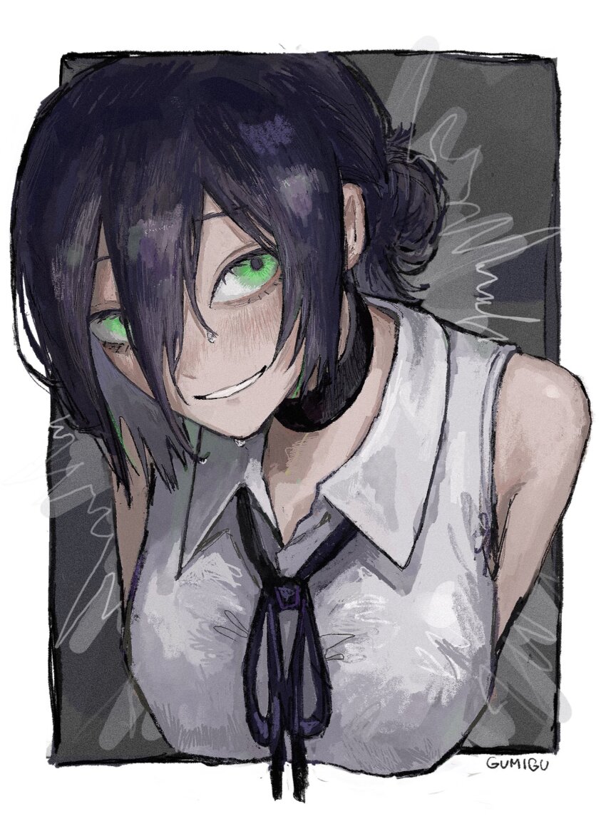 1girl, artist_name, chainsaw_man, choker, collared_shirt, green_eyes, grin, gumidrawing