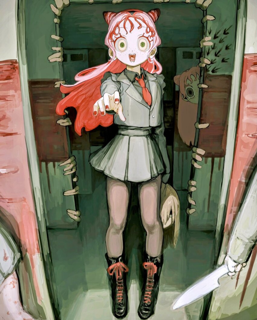 1other, 3girls, arrow_(symbol), black_boots, black_shirt, boots, clone, collared_shirt