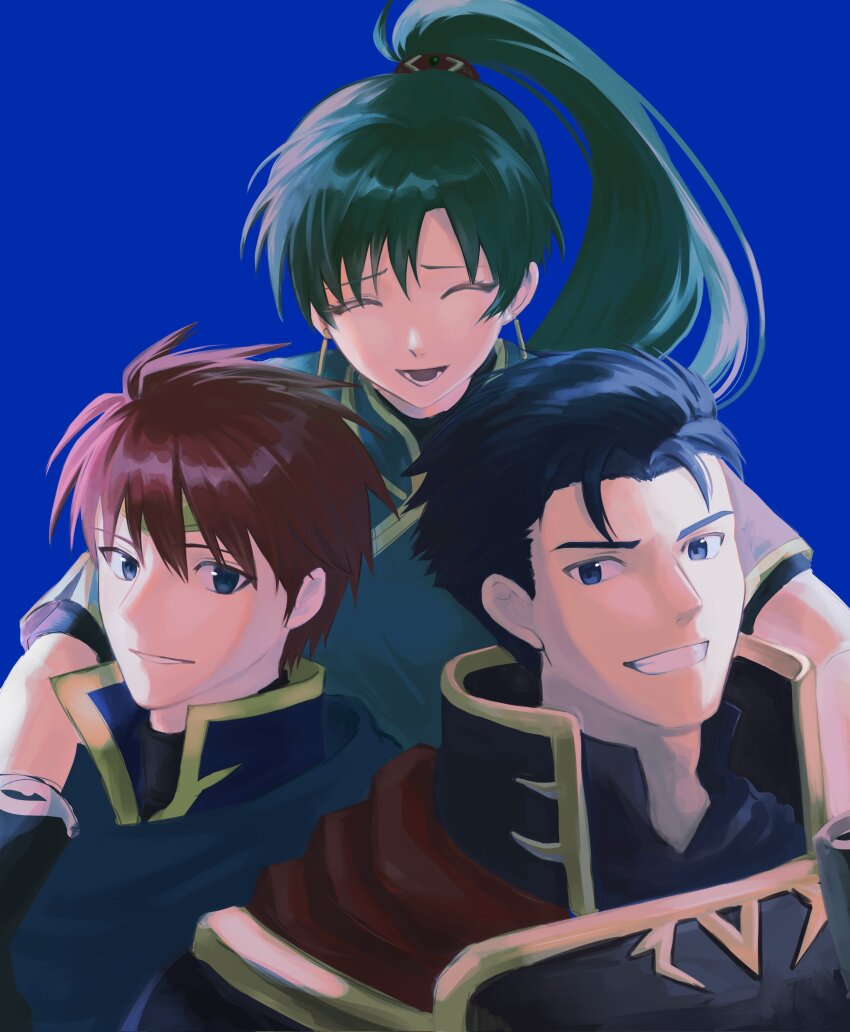1girl, 2boys, absurdres, blue_eyes, blue_hair, earrings, eliwood_(fire_emblem), fire_emblem