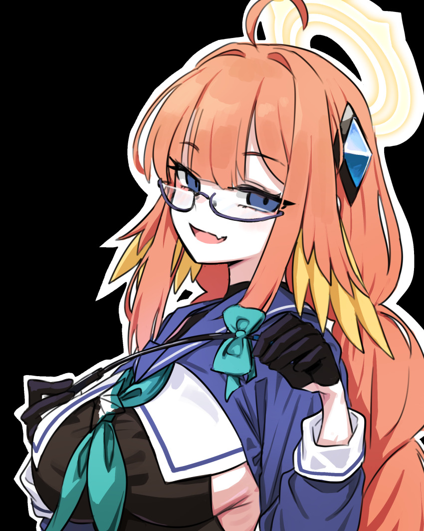 1girl, :d, absurdres, ahoge, aqua_neckerchief, black_background, black_gloves, black_leotard