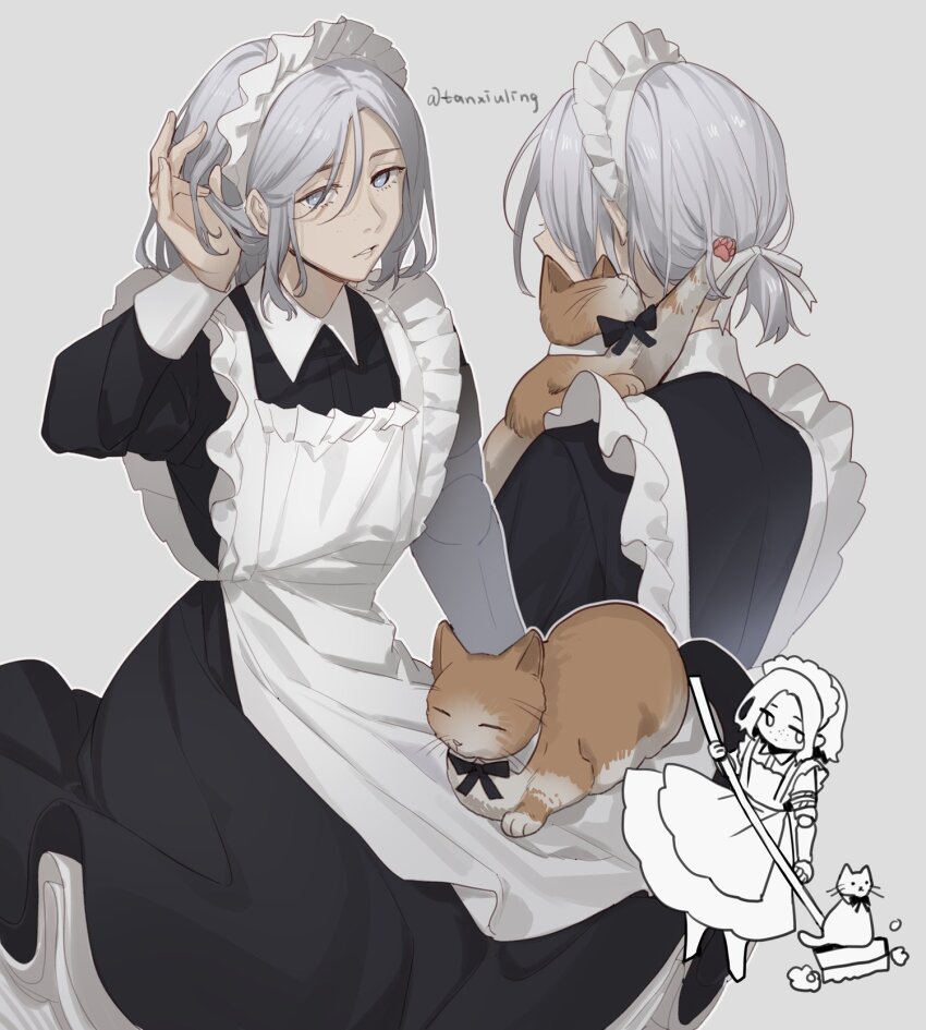 1boy, alternate_costume, androgynous, animal, apron, black_dress, cat, closed_eyes, commentary, crossdressing, crossdressing_(mtf), dress, english_commentary, enmaided, grey_eyes, grey_hair, highres, holding, holding_animal, holding_cat, kumashige, lies_of_p, looking_at_viewer, maid, maid_apron, maid_headdress, male_focus, medium_hair, multiple_views, official_alternate_hair_color, pinocchio_(lies_of_p), spring_(lies_of_p), whiskers, white_apron