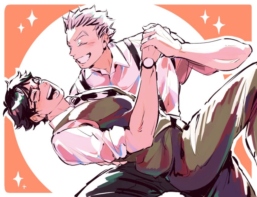 2boys, akaashi_keiji, arm_up, black-framed_eyewear, black_hair, black_necktie, black_pants, bokuto_koutarou, border, commentary, english_commentary, glasses, grey_hair, grin, haikyuu!!, holding_hands, jewelry, male_focus, multiple_boys, necktie, open_mouth, pants, ring, shirt, short_hair, short_sleeves, sleeves_rolled_up, smile, sparkle, spiked_hair, teeth, vest, watch, white_border, white_shirt, wristwatch, yanghinataboke, yaoi