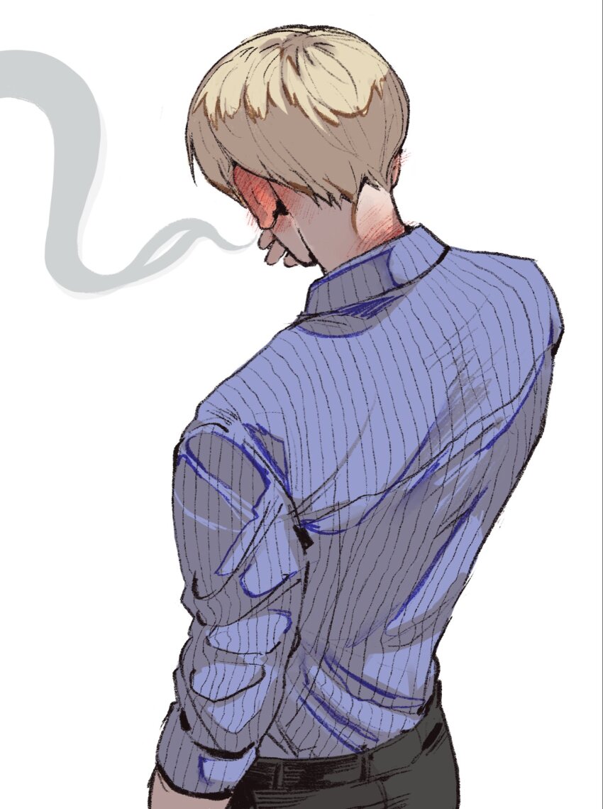 1boy, belt, black_belt, black_pants, blonde_hair, blue_shirt, blush, collared_shirt